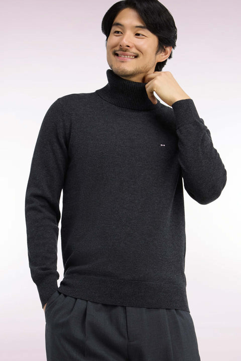 Pull col roulé en laine et coton gris foncé coupe droite - Image 1