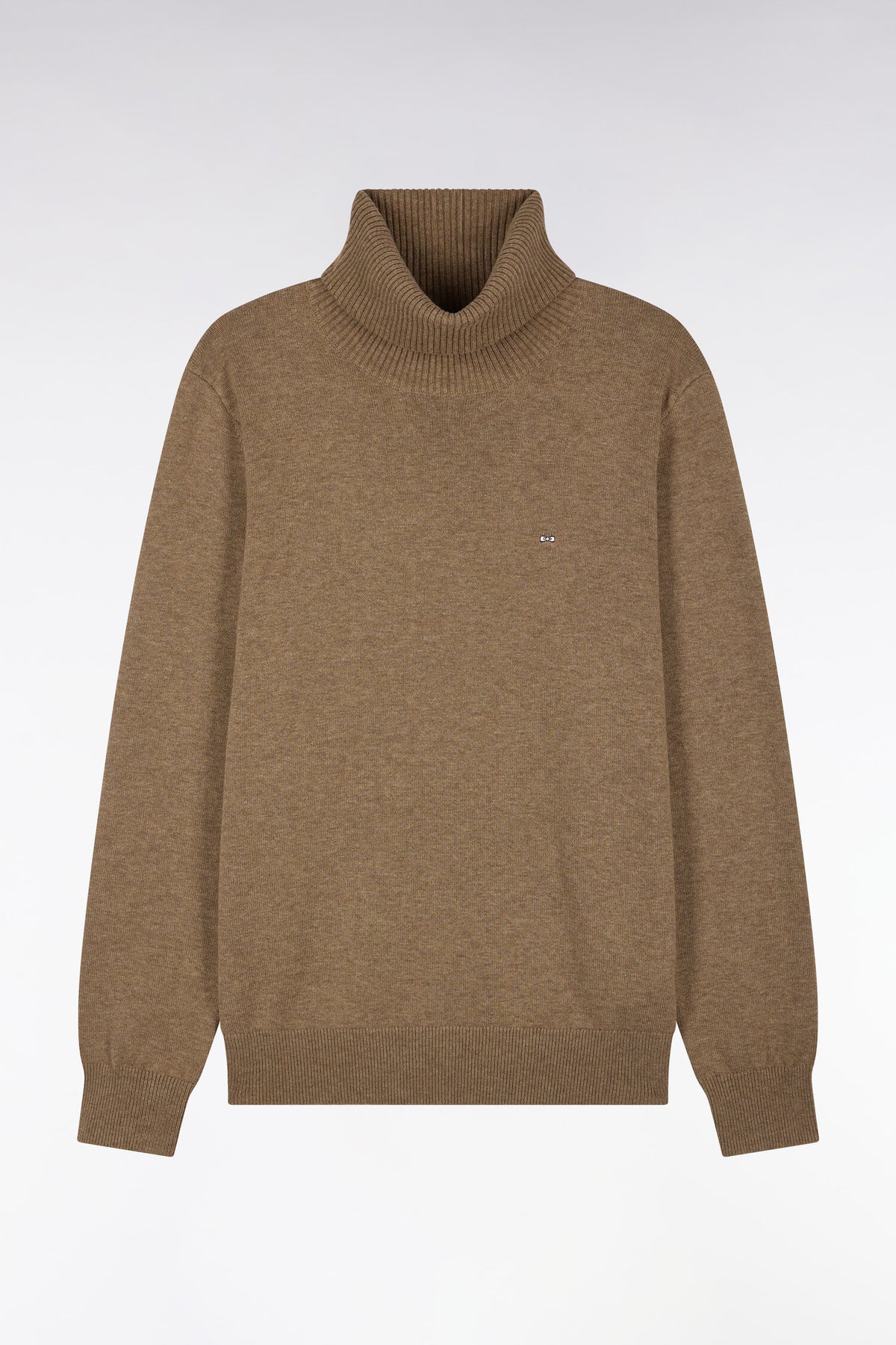 Pull col roulé en laine et coton marron coupe droite