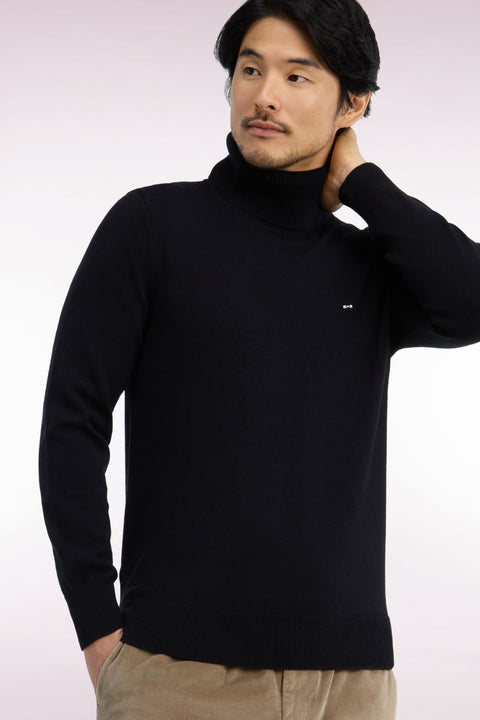 Straight cut black wool and cotton turtleneck sweater - Image 1