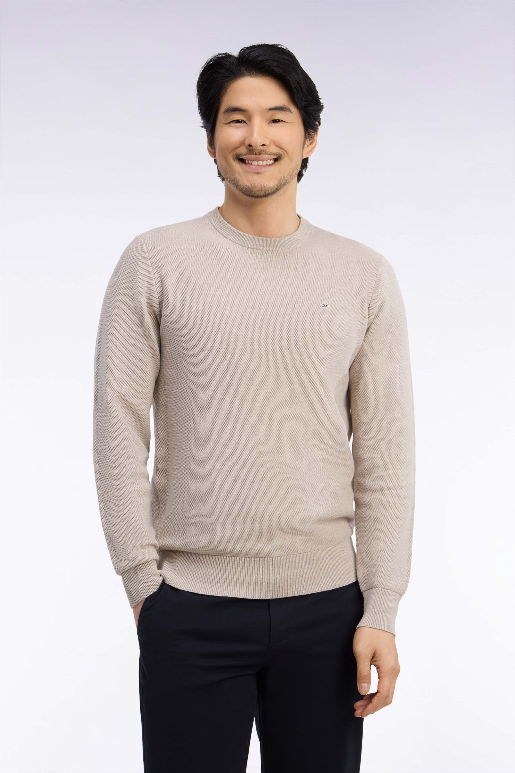 Pull col rond en coton beige coupe droite