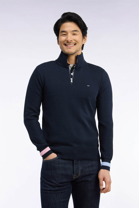 Straight cut embroidered navy cotton zipped trucker neck sweater - Image 3