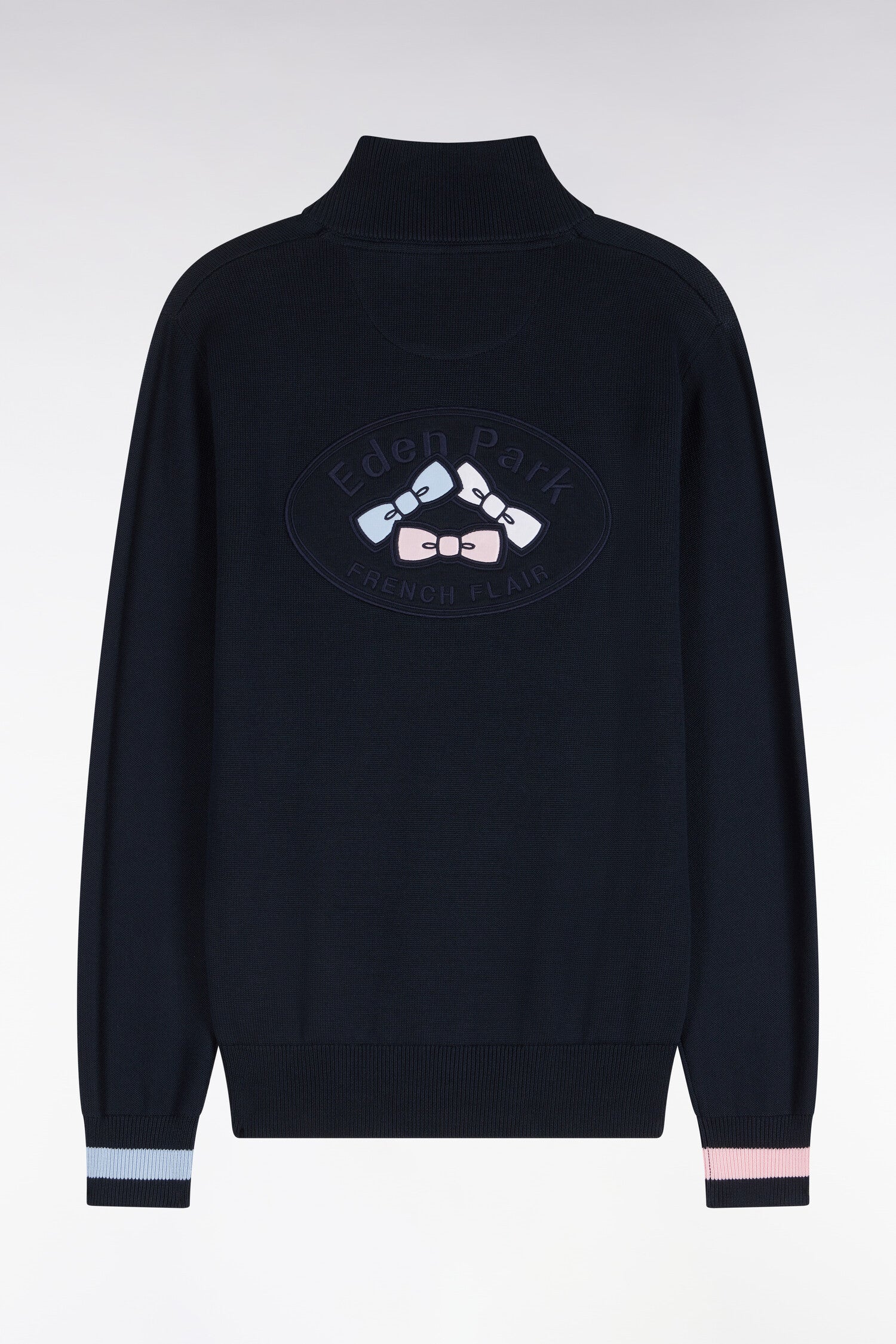 Pull col camionneur zippé en coton marine brodé coupe droite