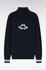Pull col camionneur zippé en coton marine brodé coupe droite