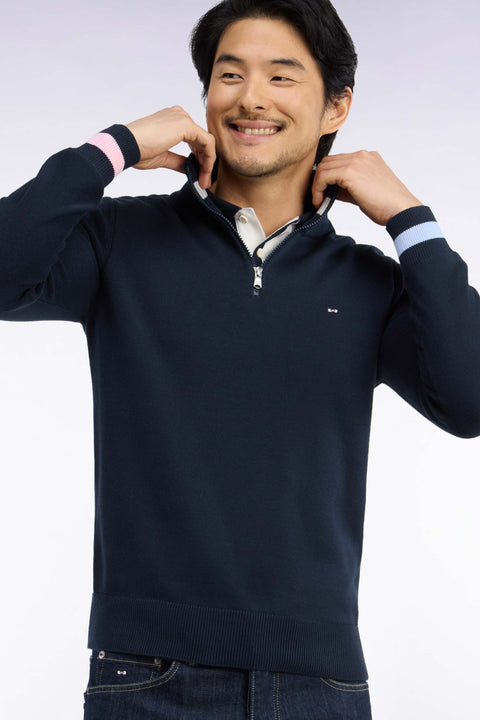Straight cut embroidered navy cotton zipped trucker neck sweater - Image 1