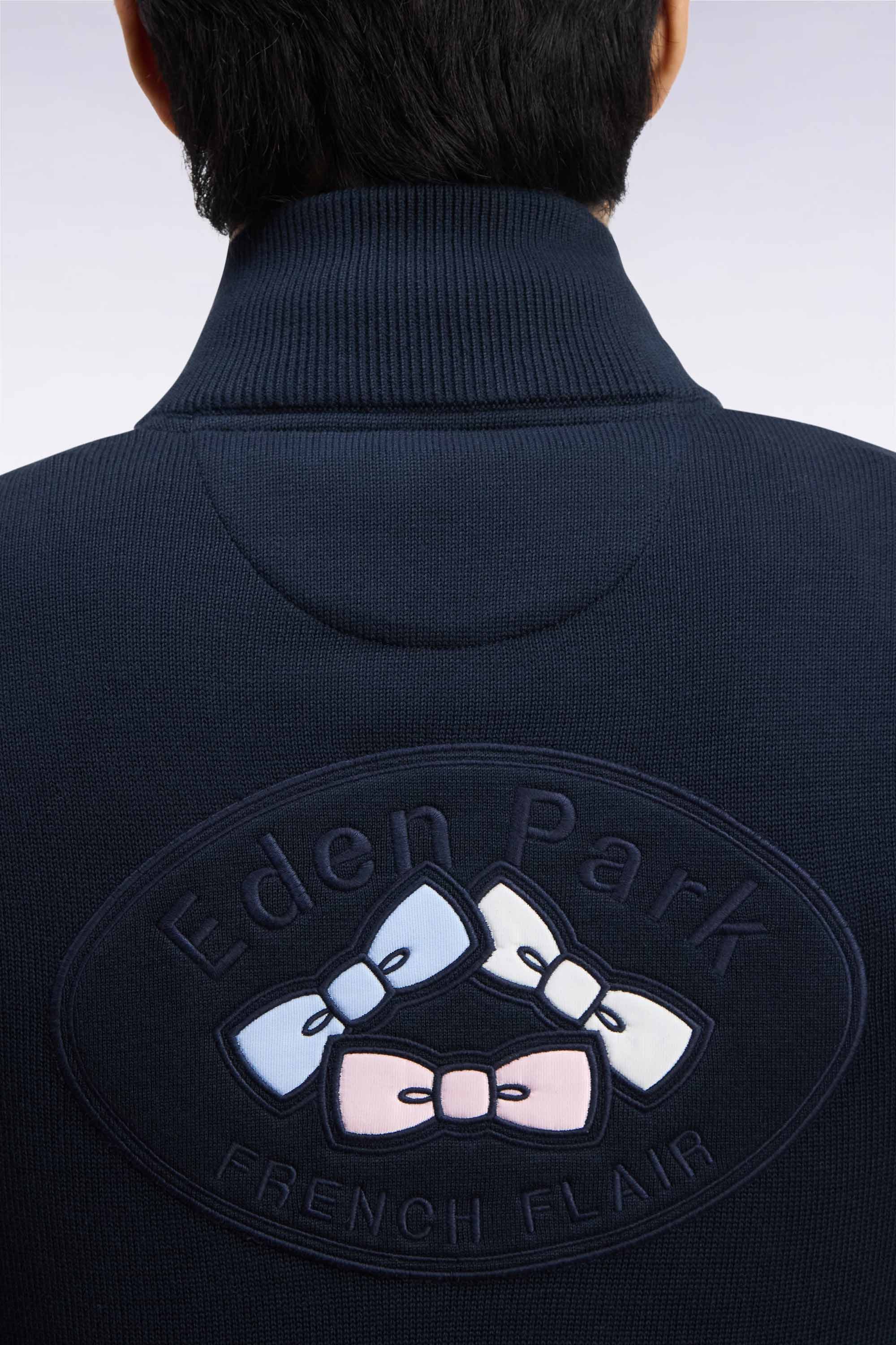 Pull col camionneur zippé en coton marine brodé coupe droite