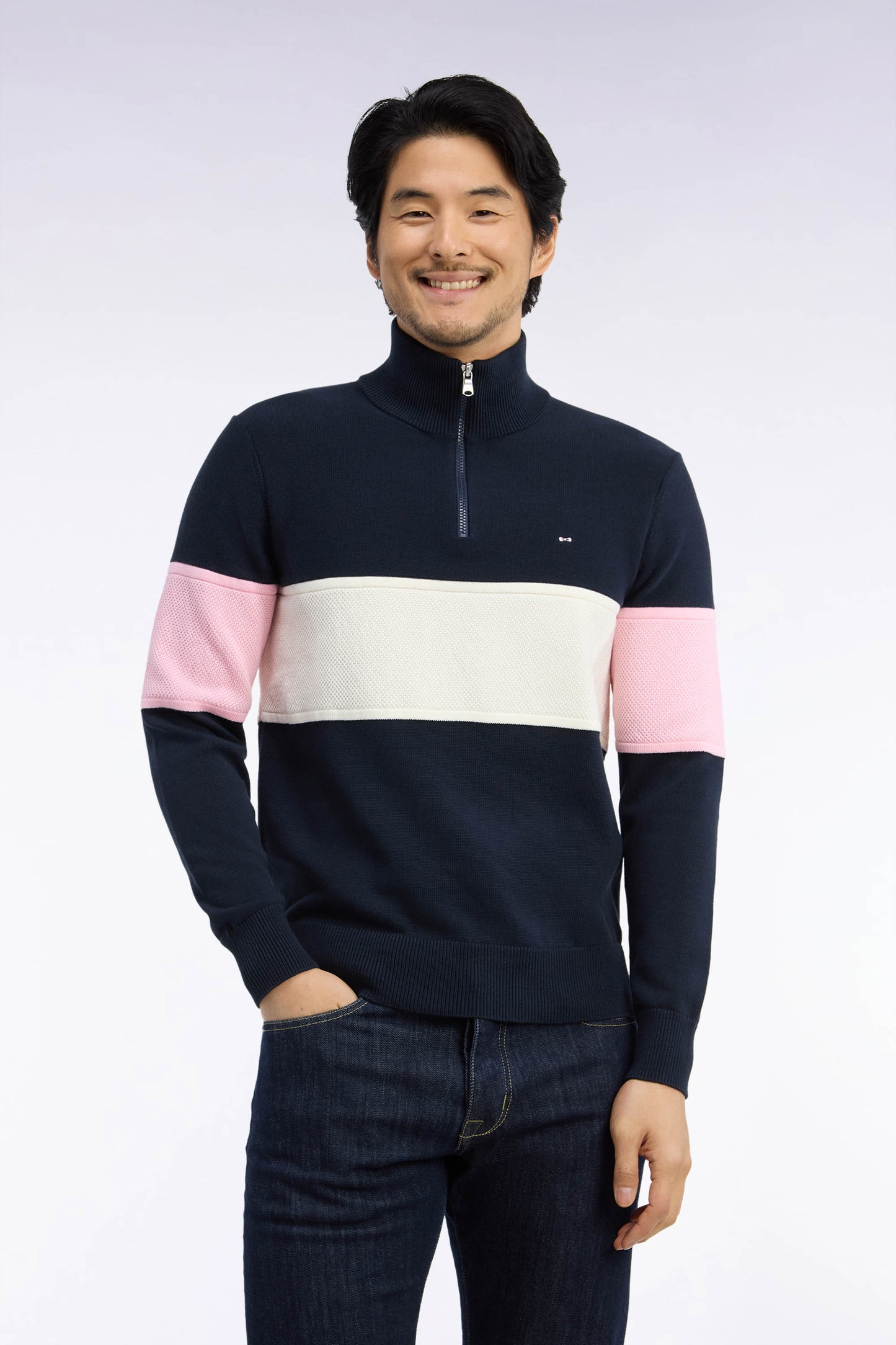 Pull à col camionneur zippé en coton marine à découpe tricolore coupe droite