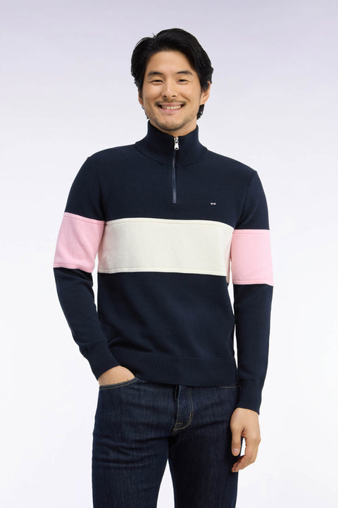Pull à col camionneur zippé en coton marine à découpe tricolore coupe droite - Image 3