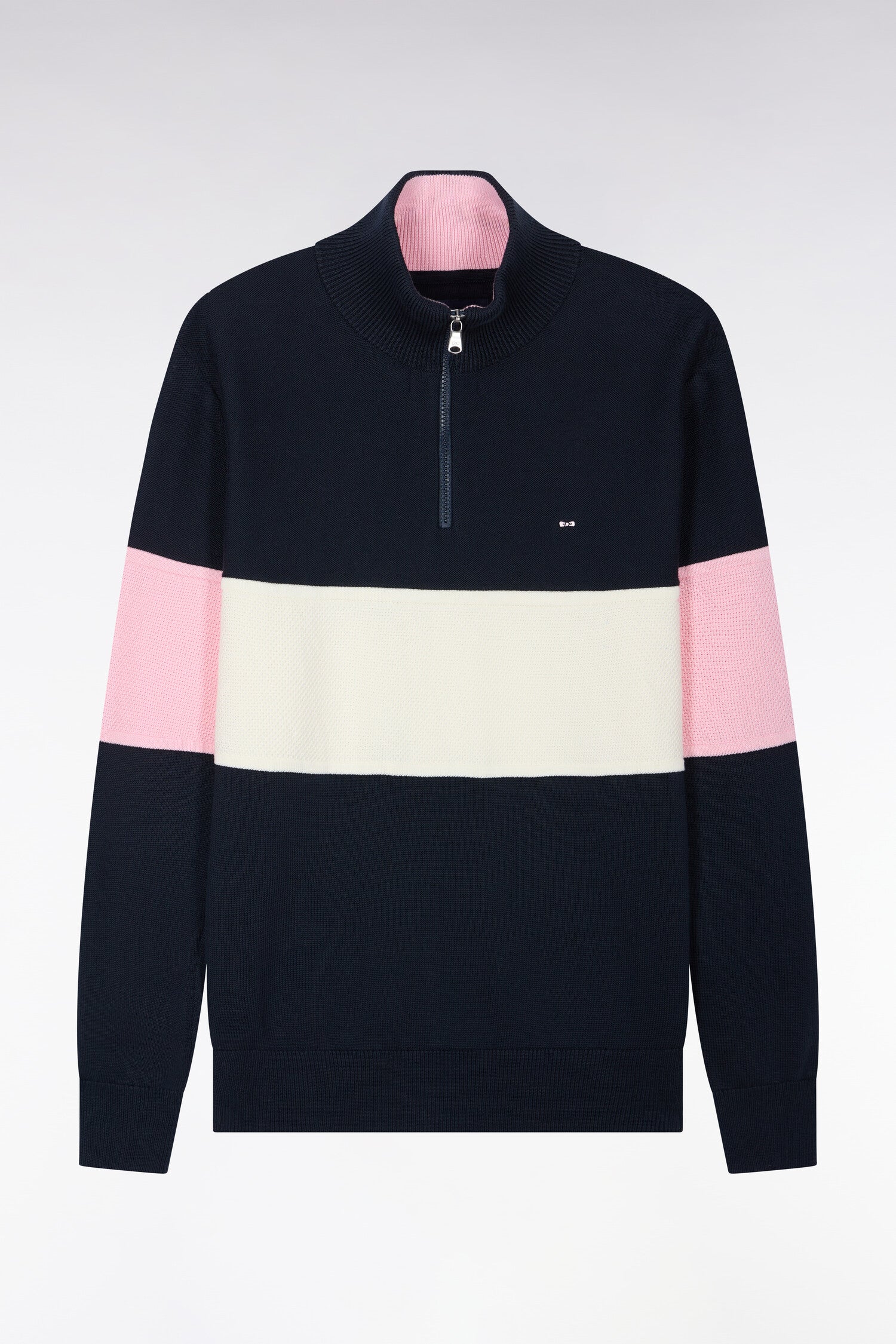 Pull à col camionneur zippé en coton marine à découpe tricolore coupe droite