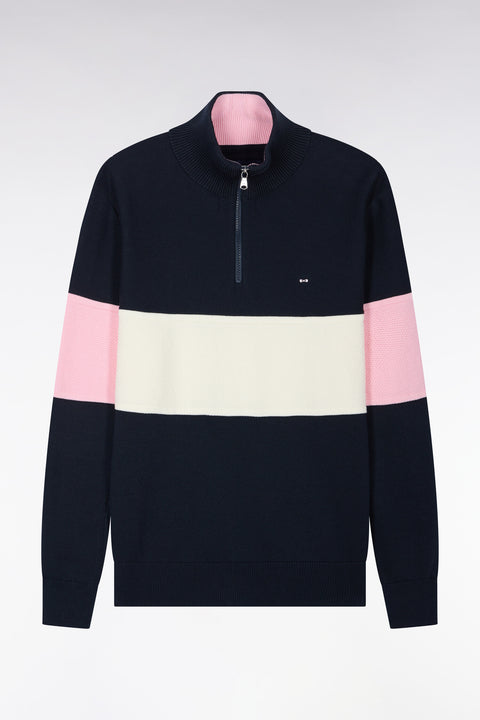 Pull à col camionneur zippé en coton marine à découpe tricolore coupe droite - Image 2