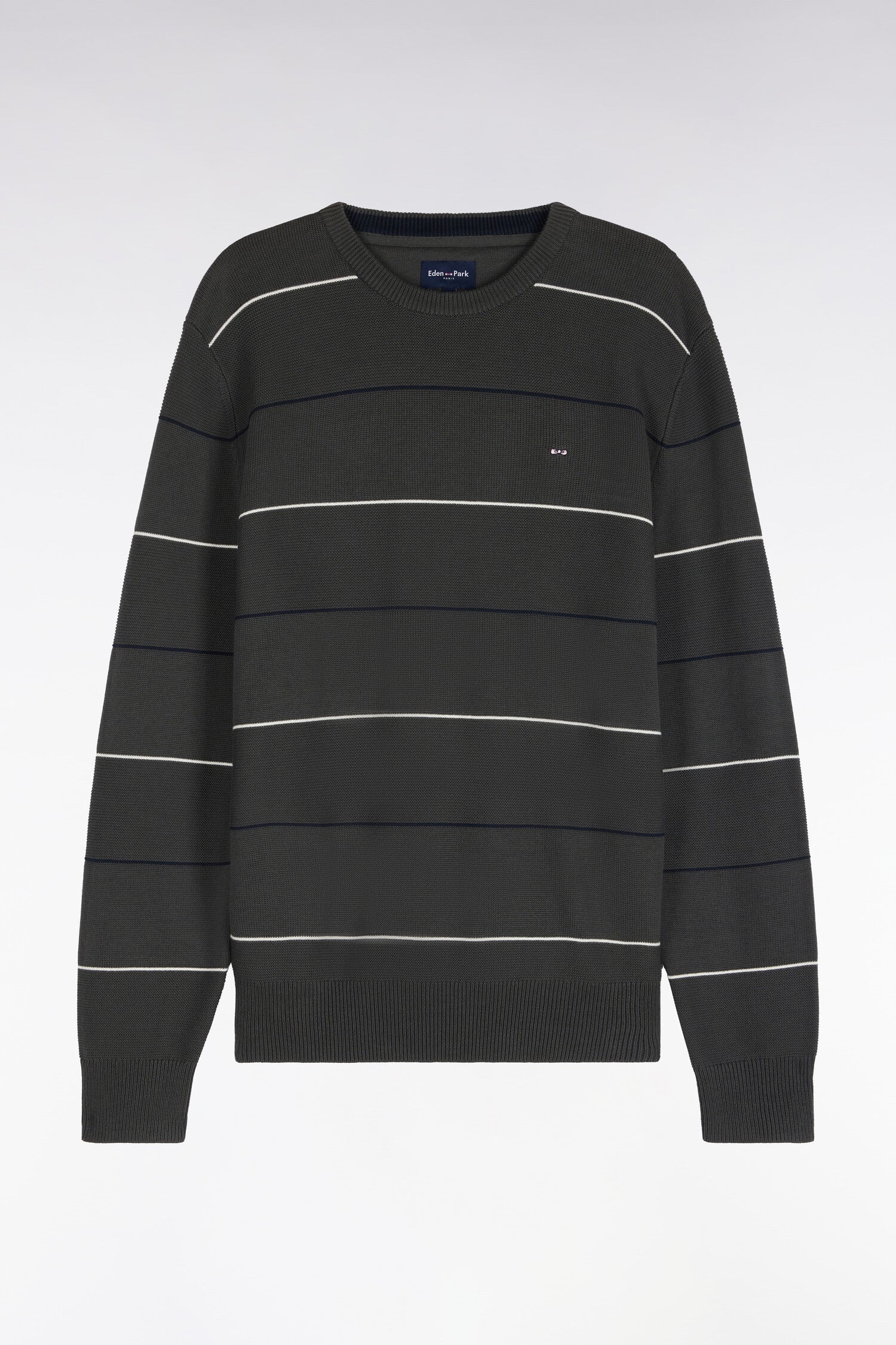 Pull à col rond en coton rayé kaki coupe droite
