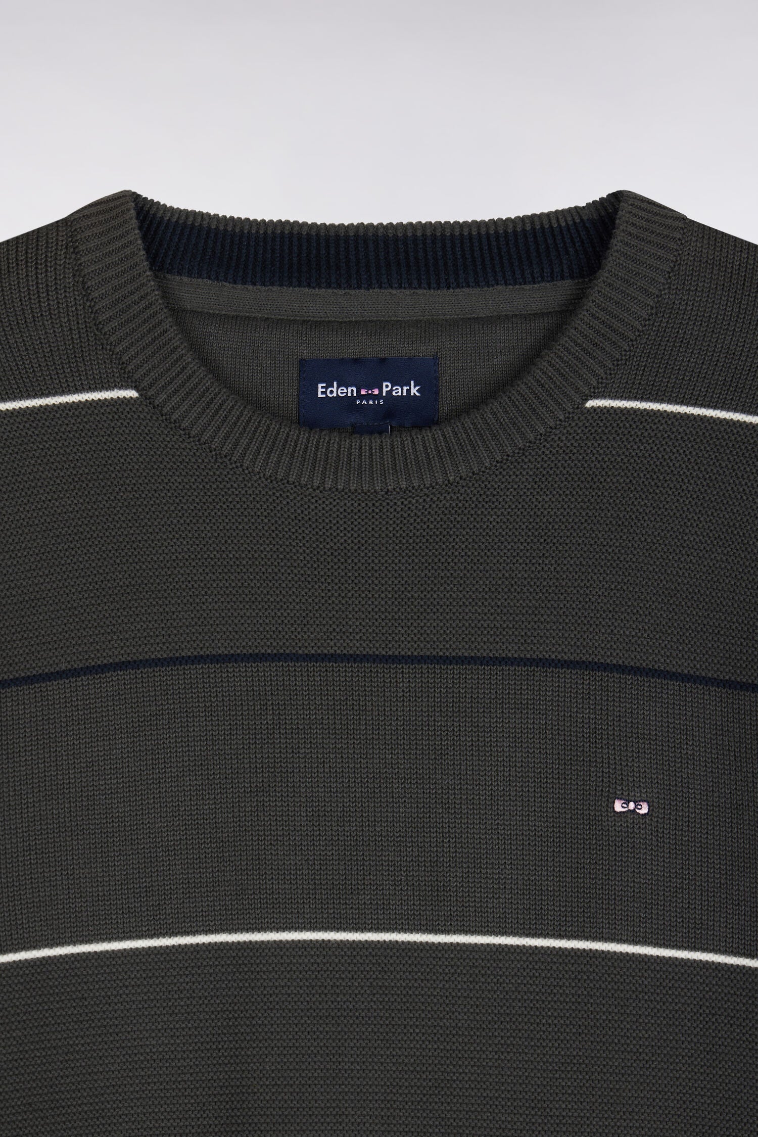 Pull à col rond en coton rayé kaki coupe droite
