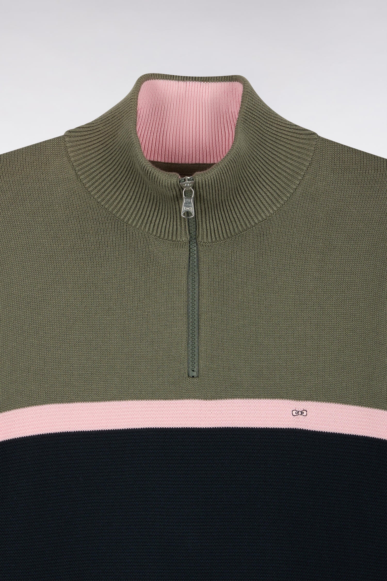 Pullover mit Troyerkragen aus Baumwolle Grün olive mit Einsätze contrastées gerade Passform