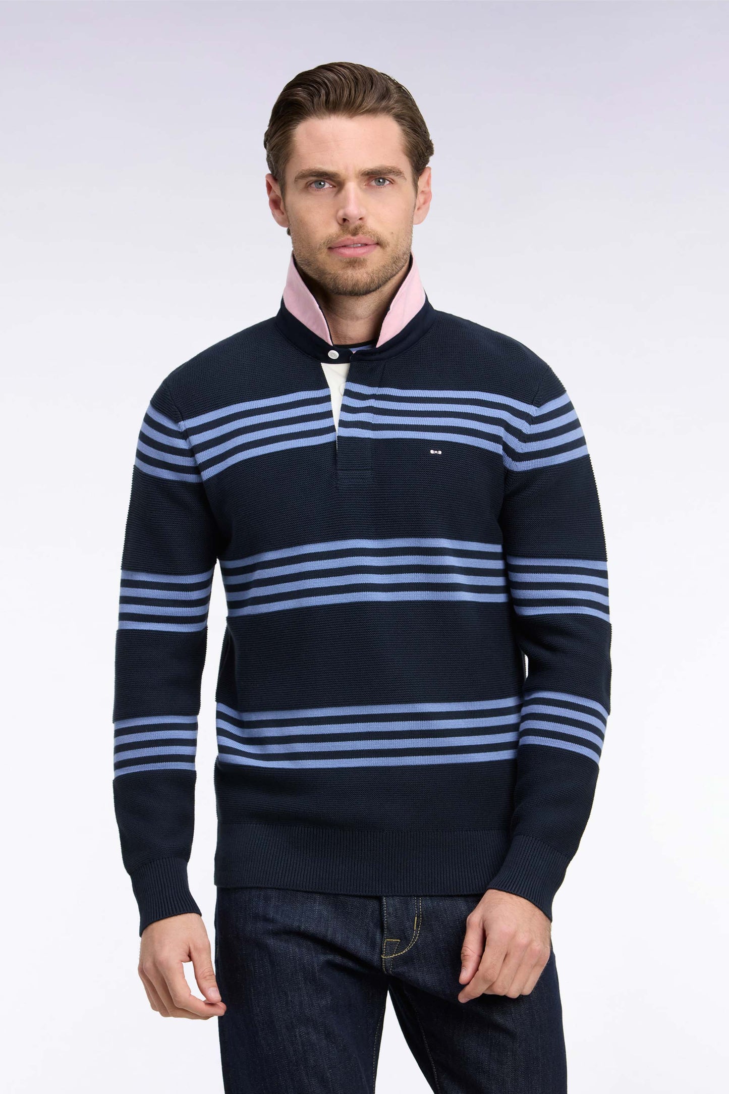 Pull à col maillot en coton bleu et marine coupe droite