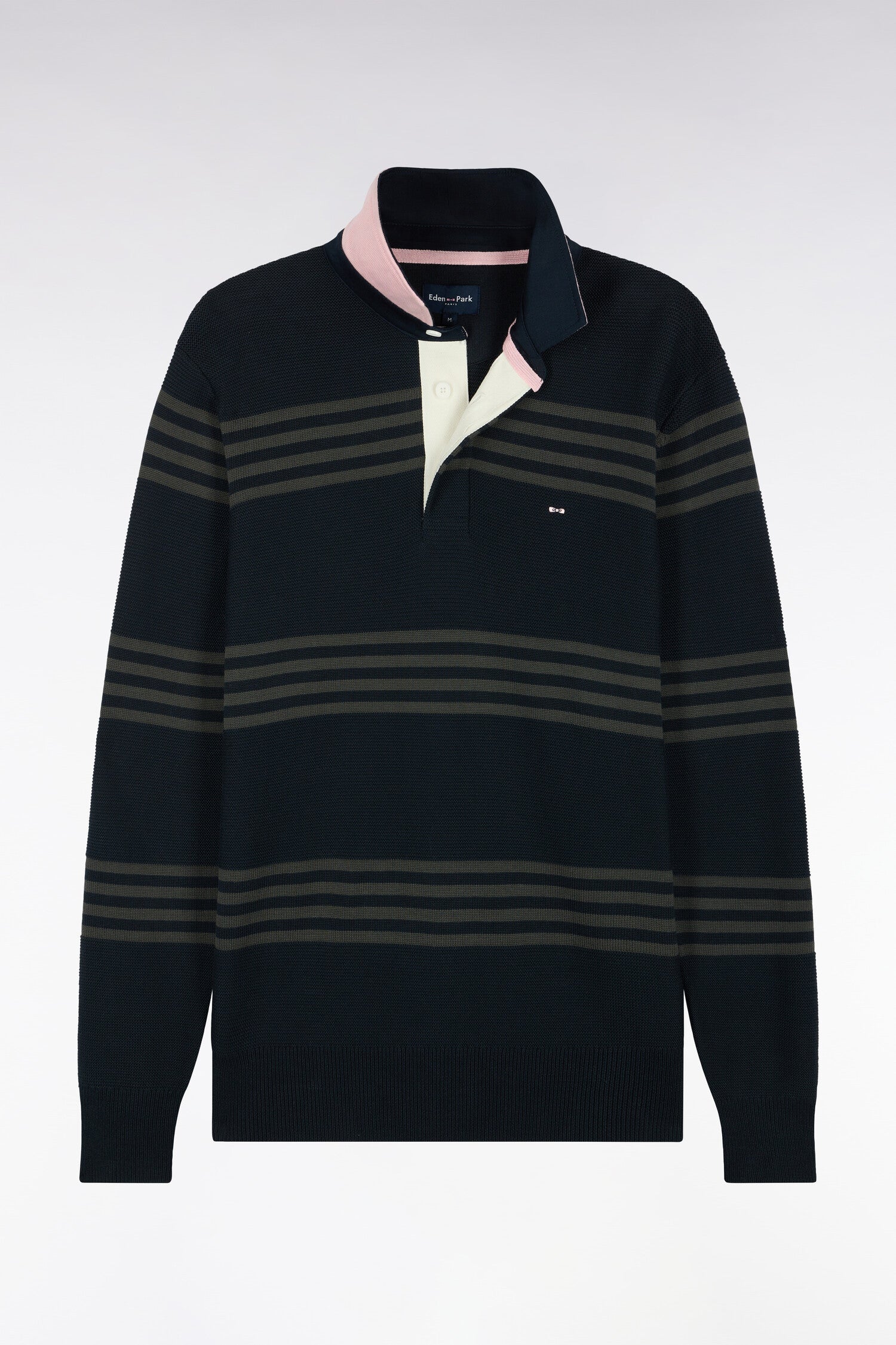 Pull à col maillot en coton kaki et marine coupe droite