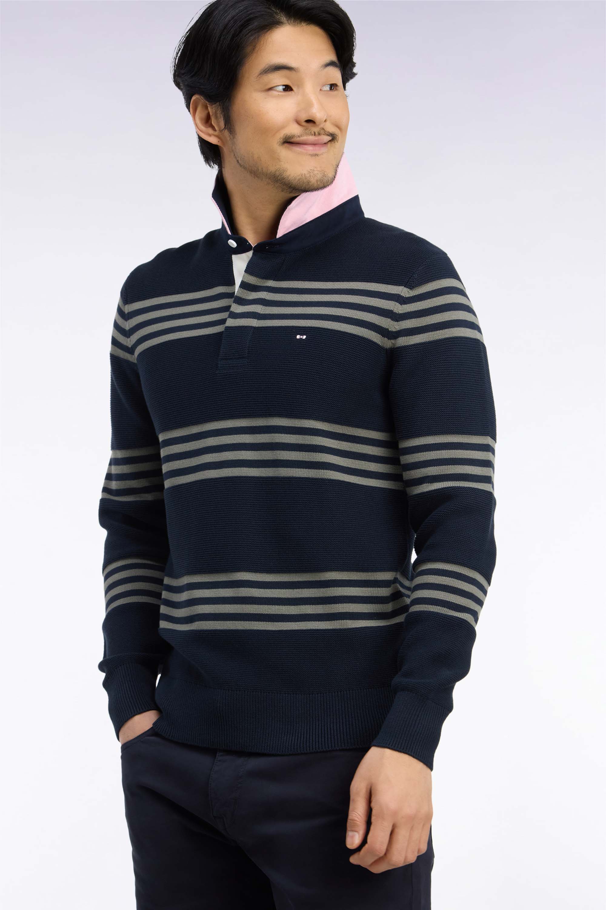 maglione con col maglia da rugby in cotone verde olive e blu navy vestibilità dritta