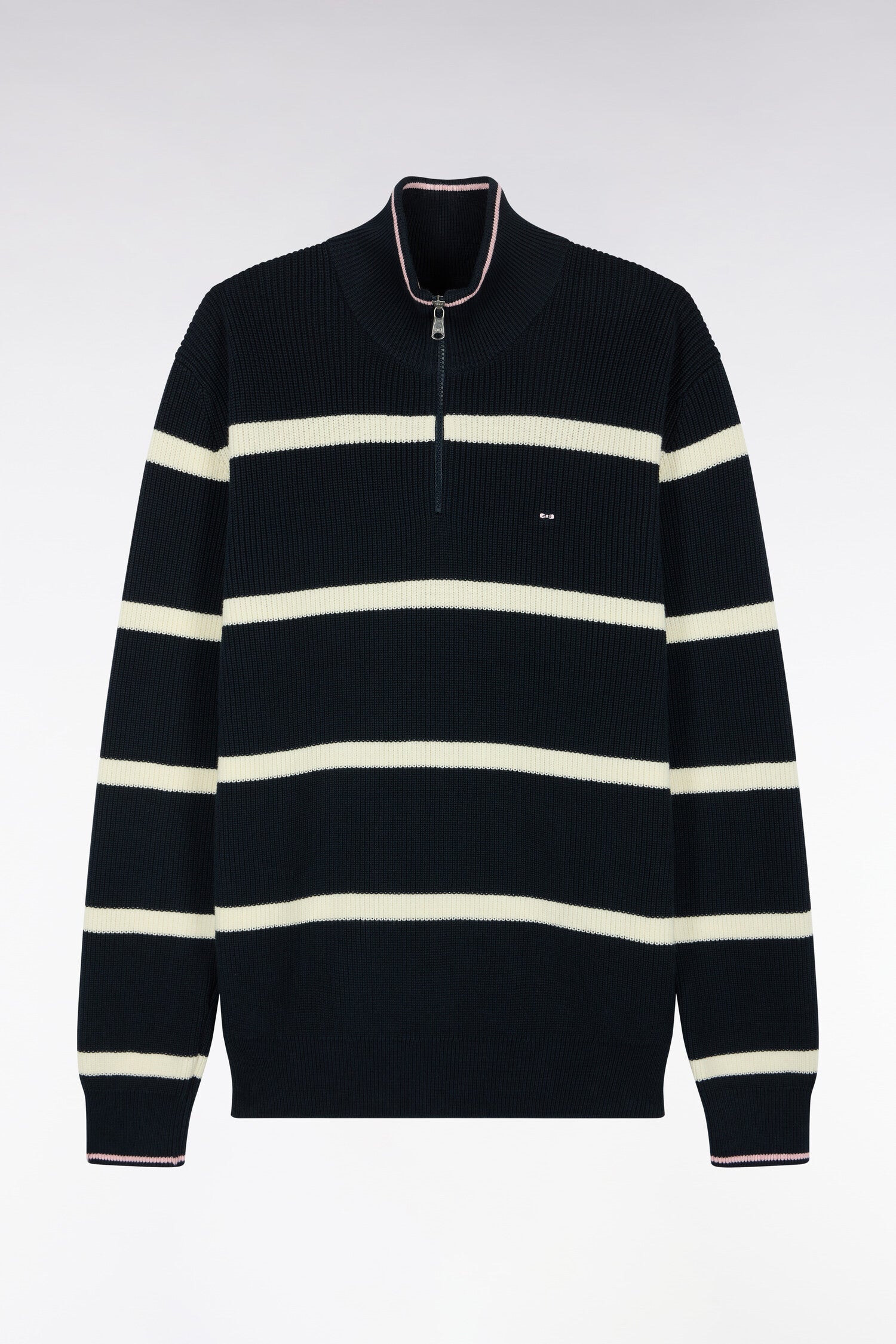 Pull rayé à col camionneur zippé en coton marine et écru coupe droite