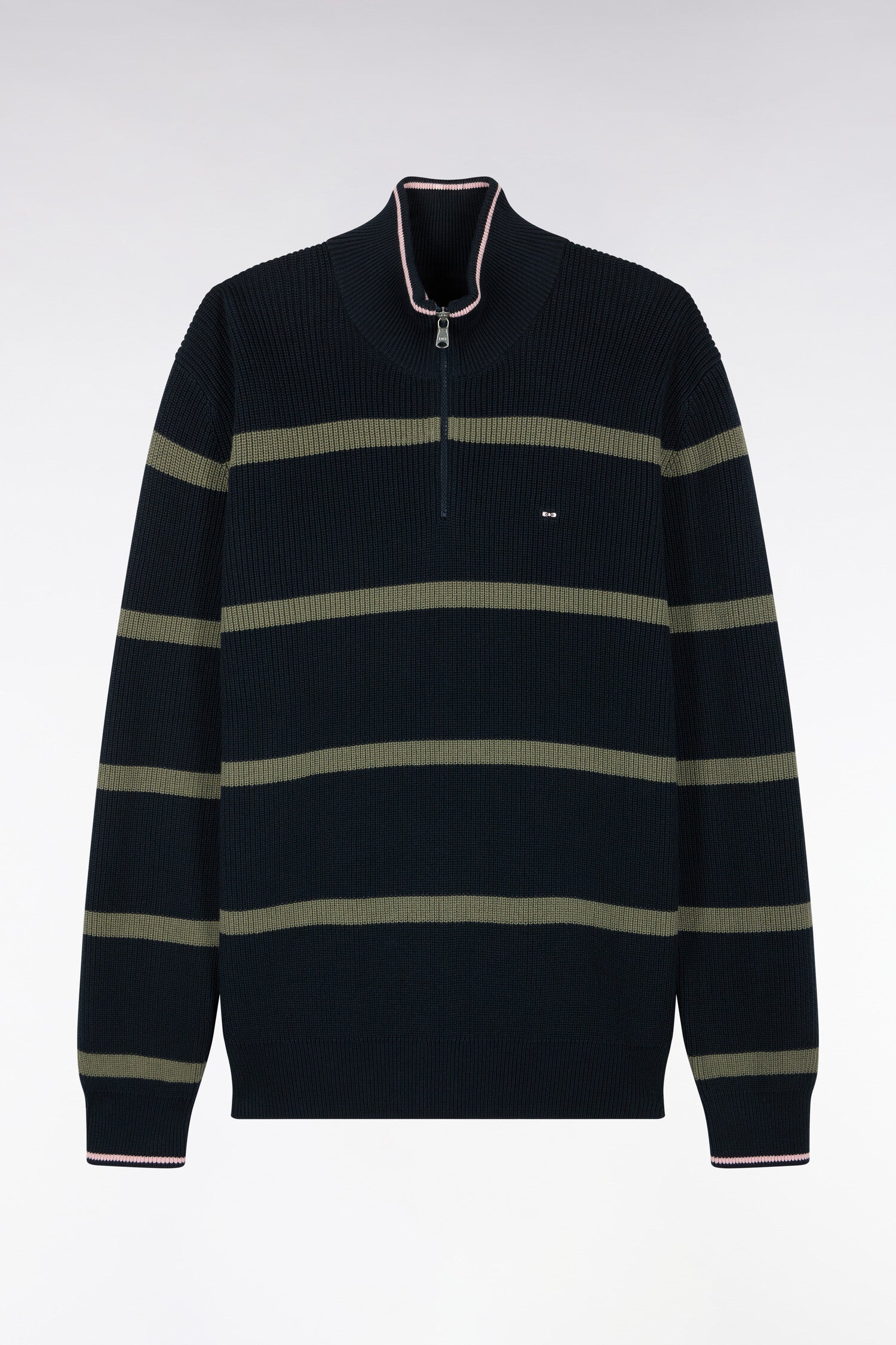 Pull rayé à col camionneur zippé en coton marine et kaki coupe droite