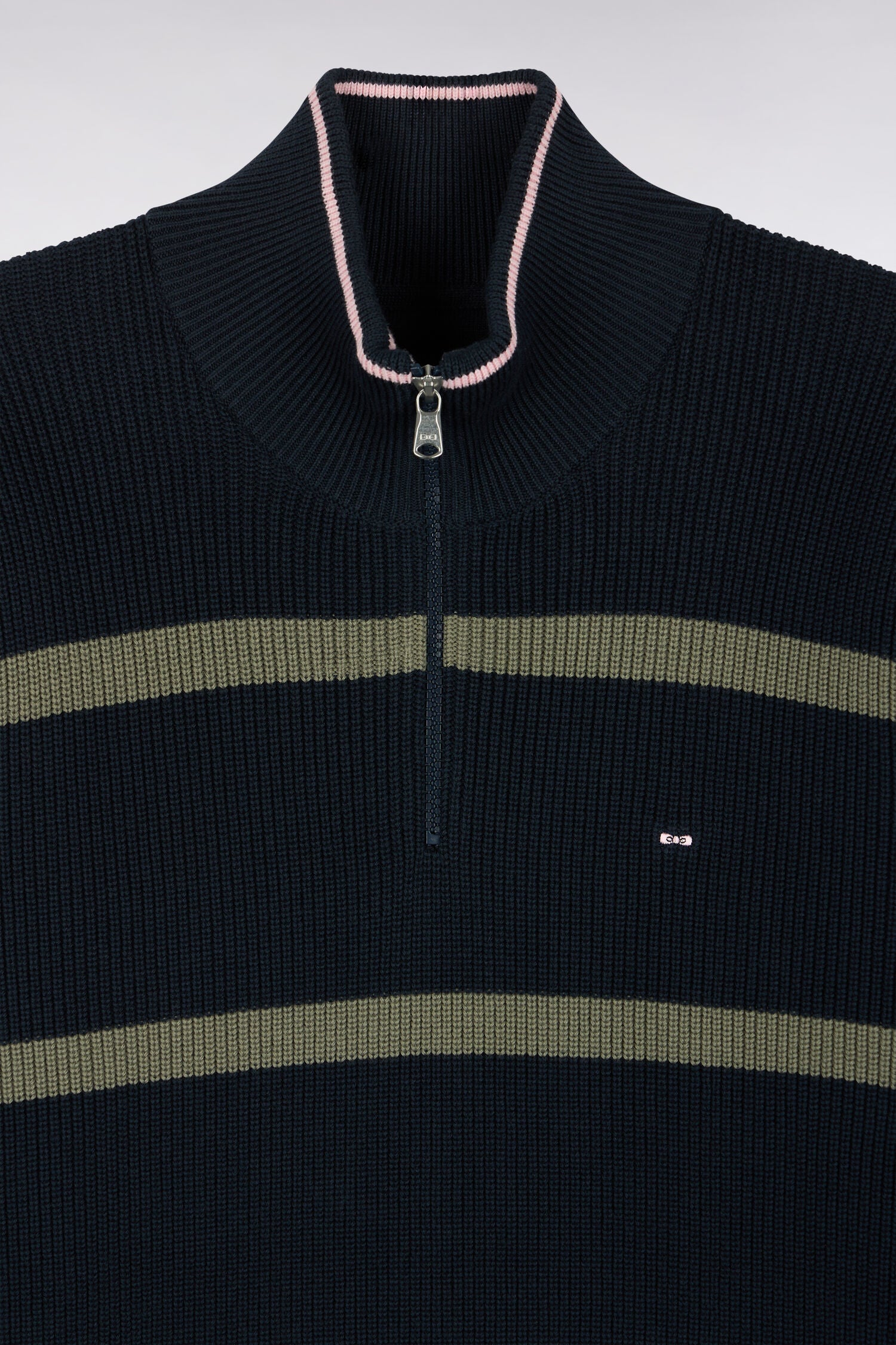 Pull rayé à col camionneur zippé en coton marine et kaki coupe droite
