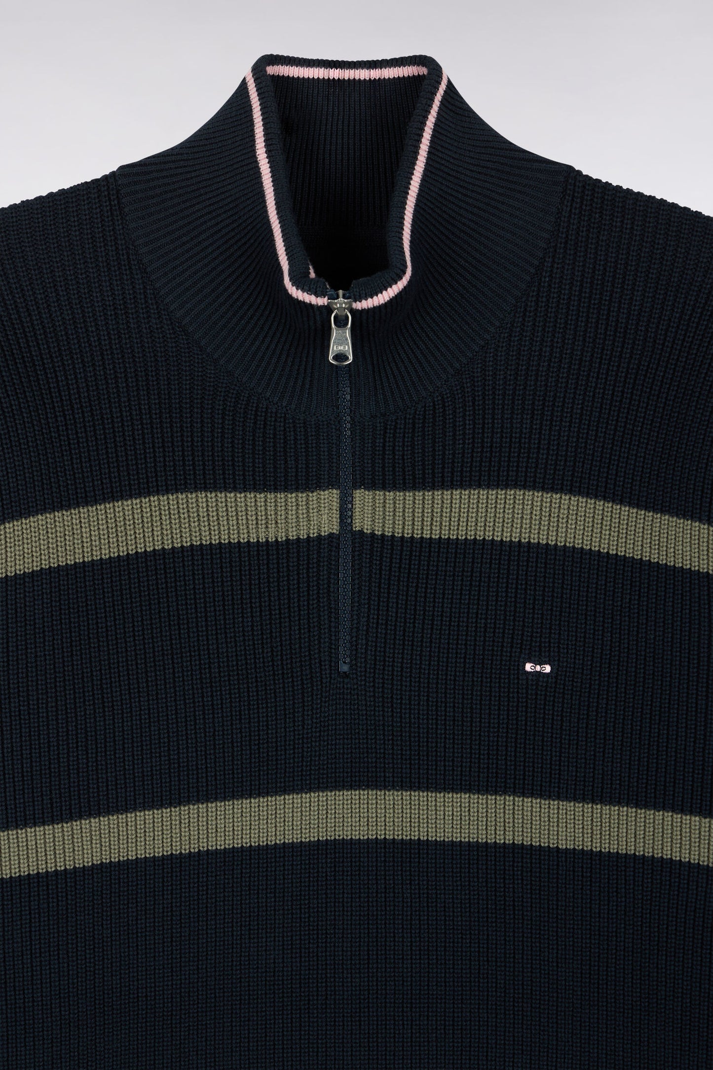 Pull rayé à col camionneur zippé en coton marine et kaki coupe droite