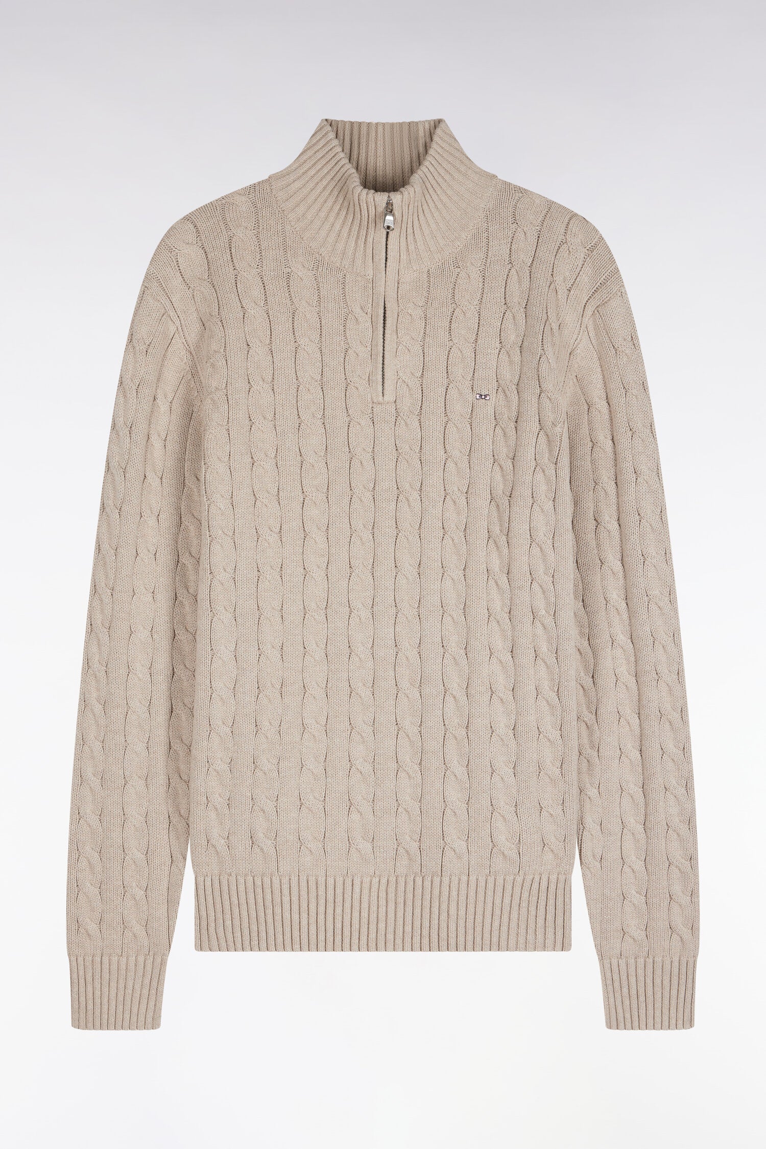 Pull à torsades à col camionneur en coton beige coupe droite