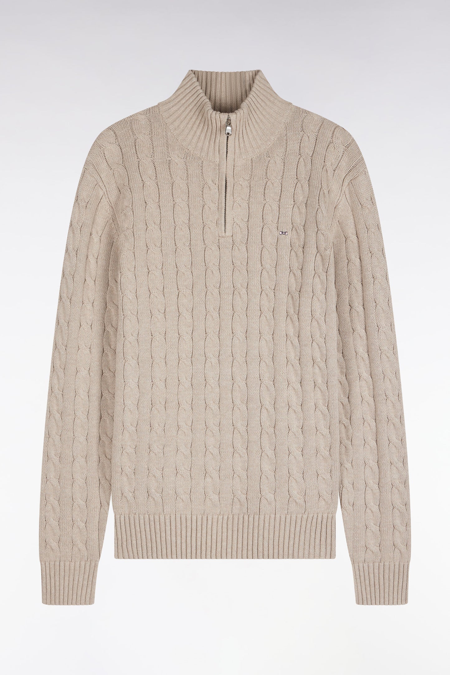 Pull à torsades à col camionneur en coton beige coupe droite