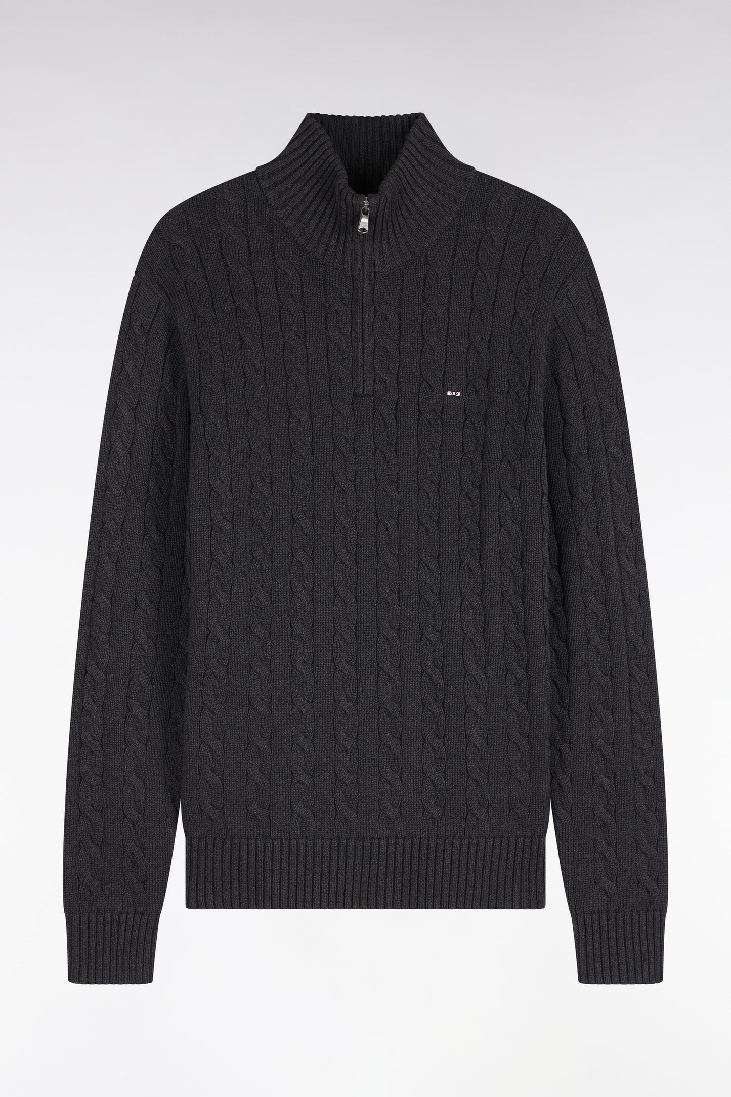 Pull à torsades à col camionneur en coton gris coupe droite