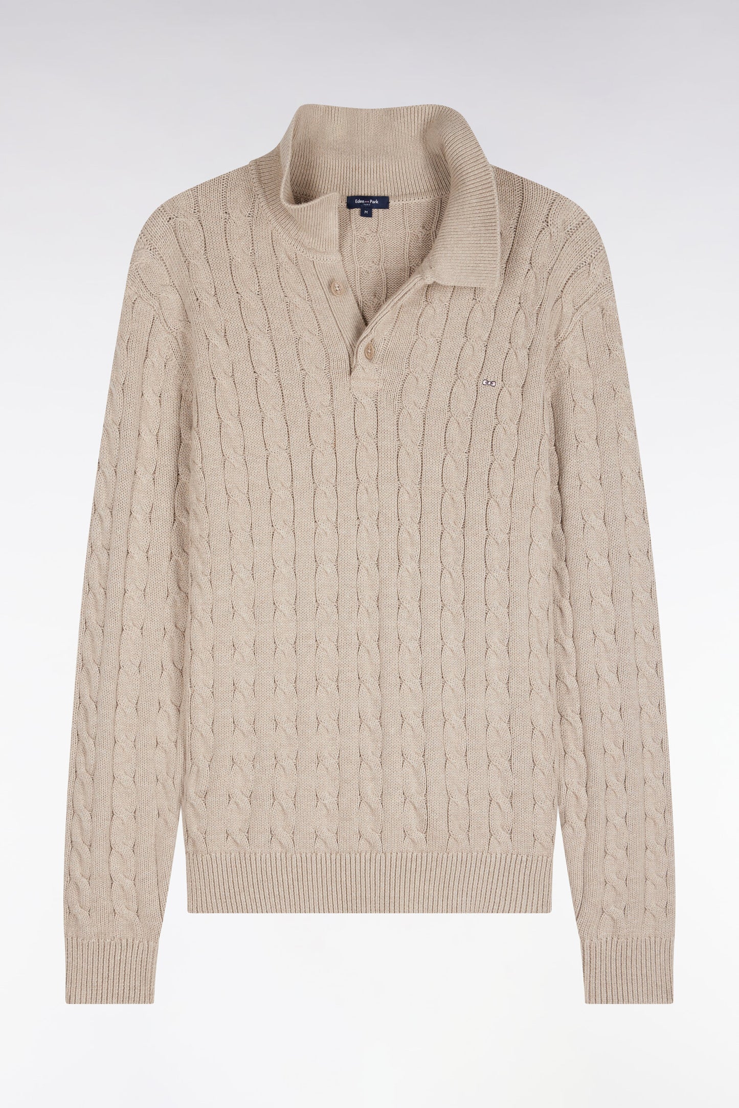 Pull à torsades et col maillot en coton beige coupe droite