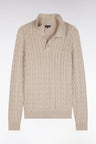 Pull à torsades et col maillot en coton beige coupe droite