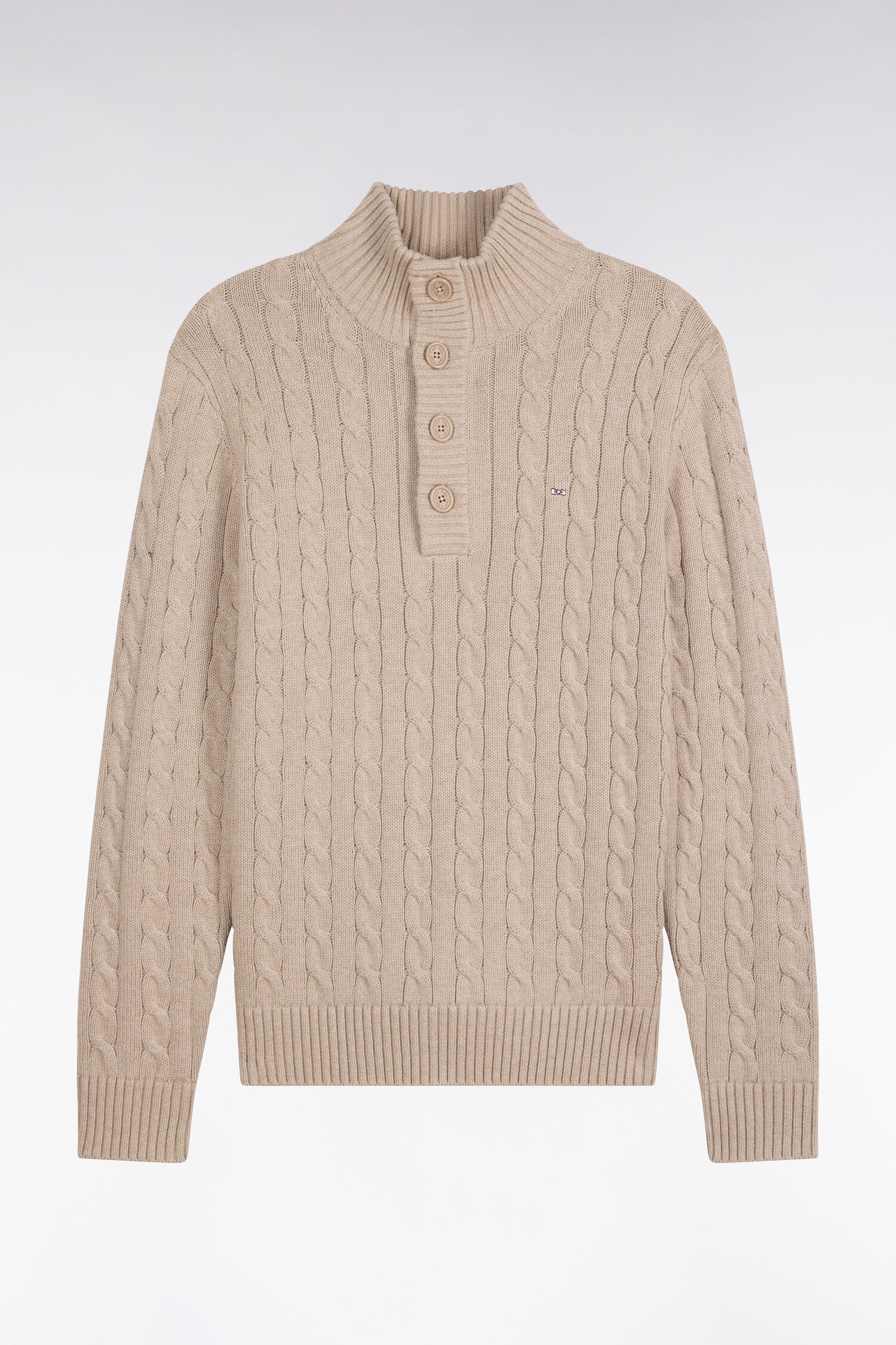 Pull à torsades col boutonné en coton beige coupe droite