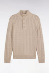 Straight cut beige cotton cable-knit sweater with buttoned collar