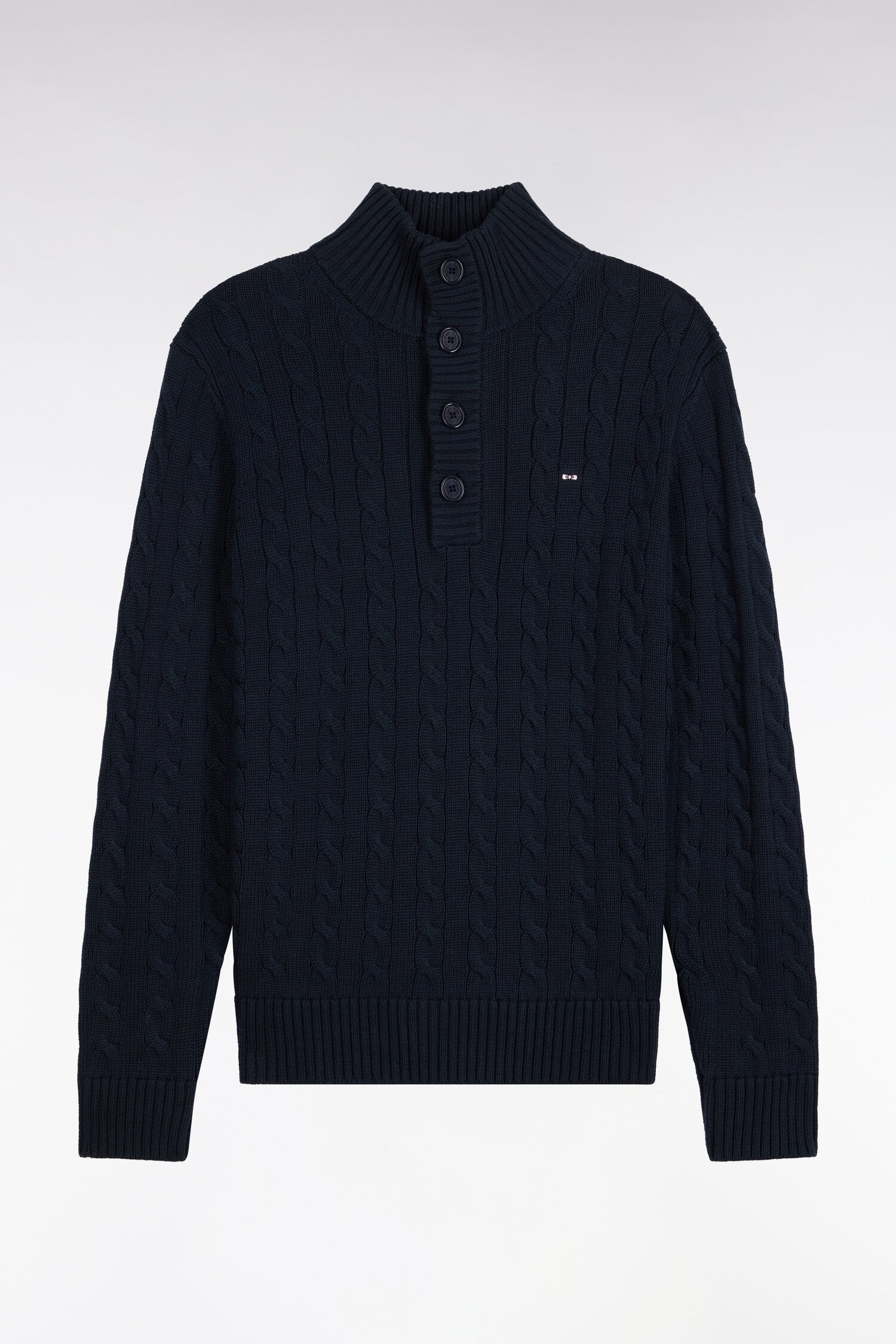 Pull à torsades col boutonné en coton marine coupe droite