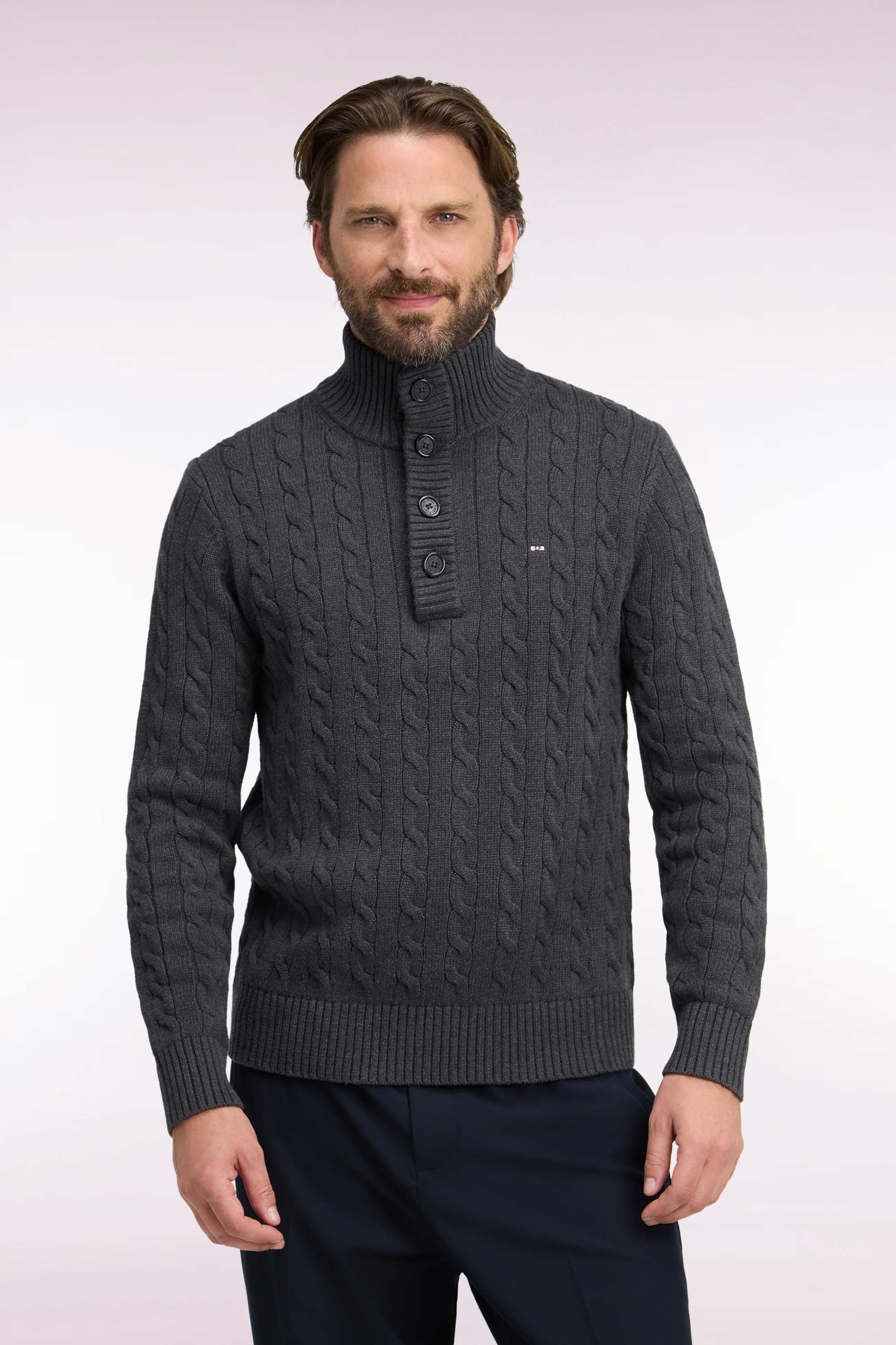 Pullover mit Zopfmuster col geknöpft aus Baumwolle Grau gerade Passform
