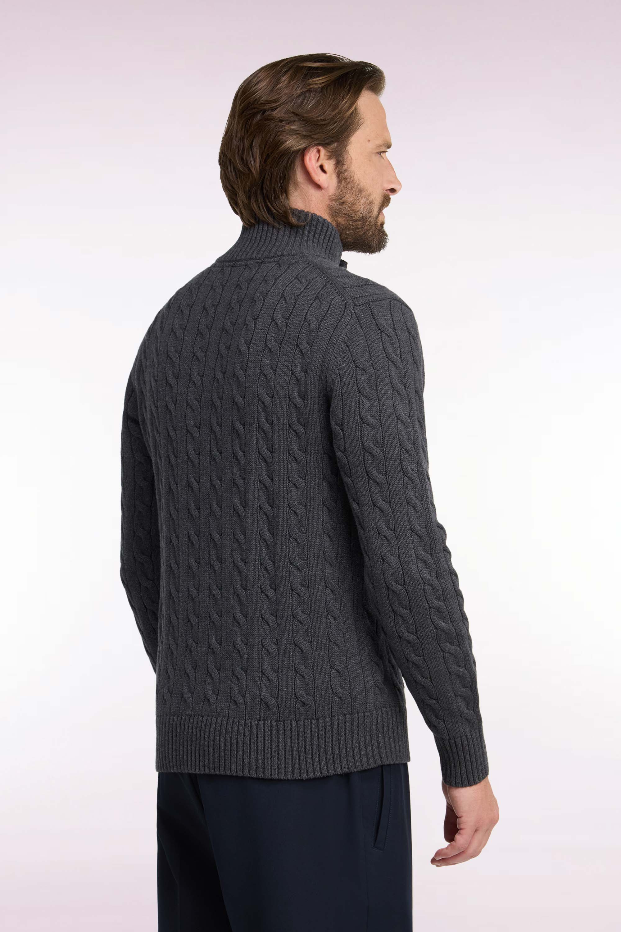 Pullover mit Zopfmuster col geknöpft aus Baumwolle Grau gerade Passform