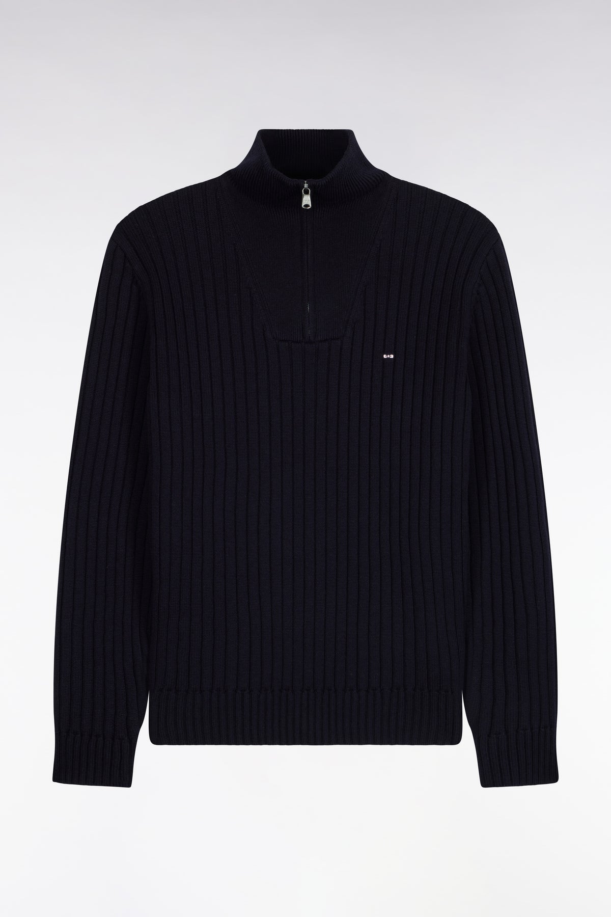 Pull col camionneur en laine et coton marine côtelé coupe droite