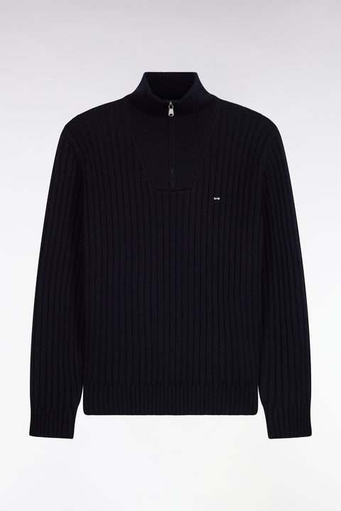 Pull col camionneur en laine et coton marine côtelé coupe droite - Image 2