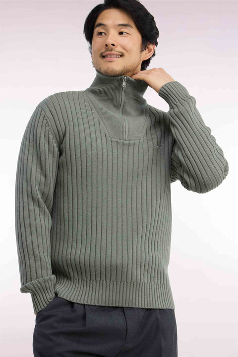 Pull col camionneur en laine et coton vert olive côtelé coupe droite - Image 1
