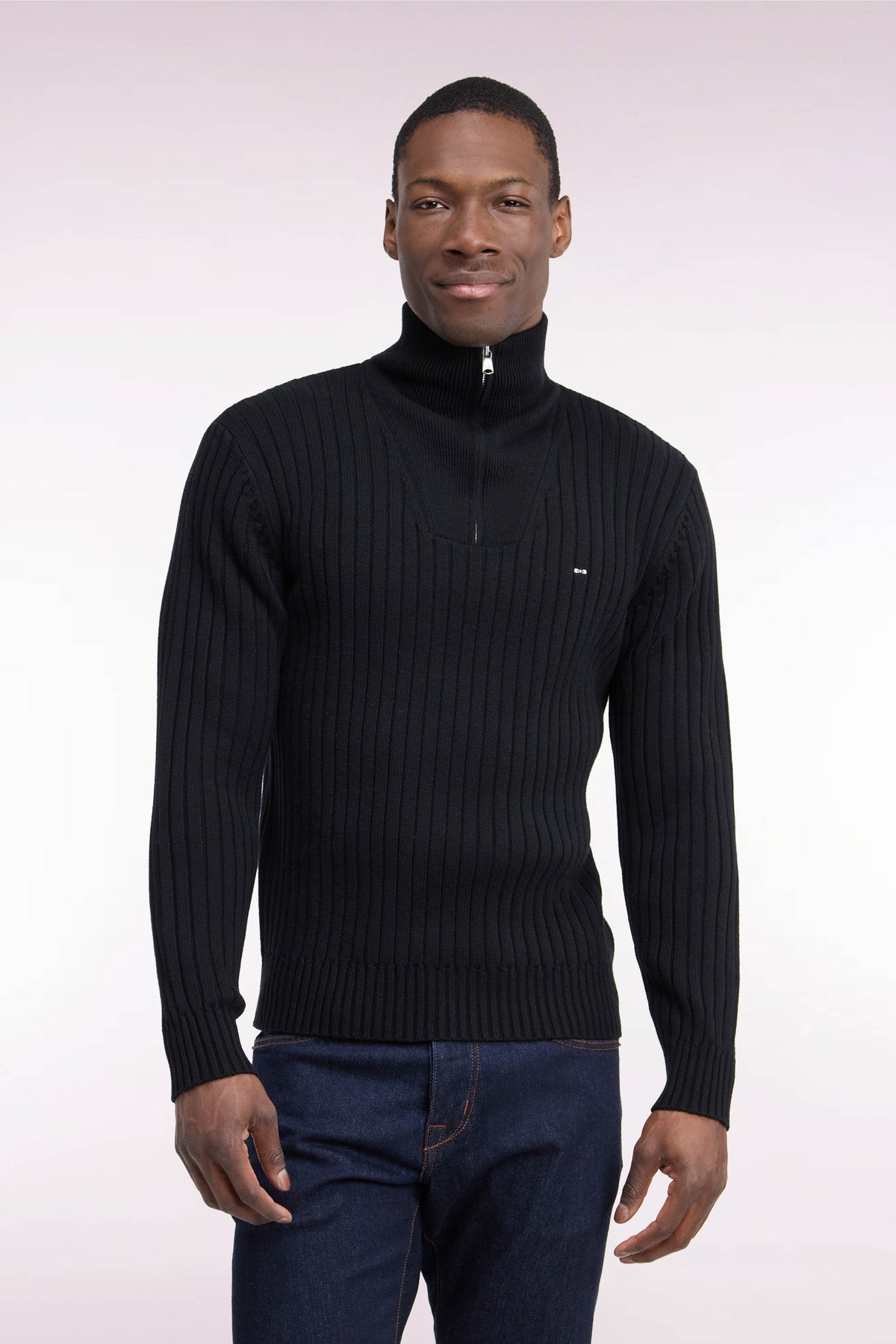 Pull col camionneur en laine et coton noir côtelé coupe droite