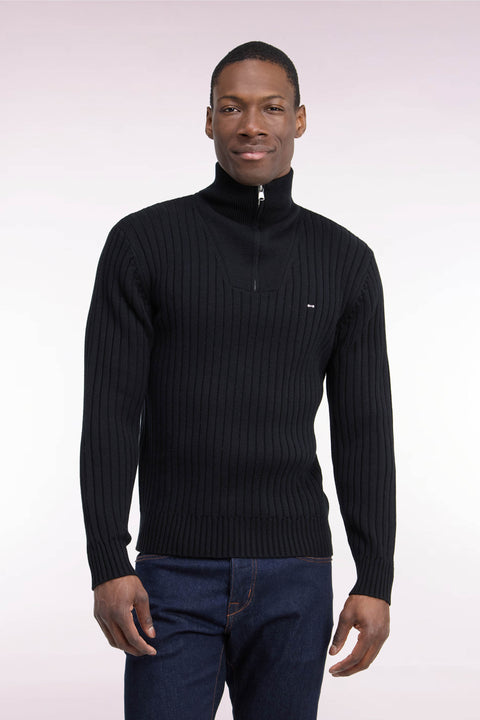 Pull col camionneur en laine et coton noir côtelé coupe droite - Image 3