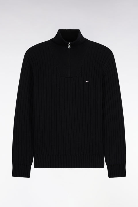Pull col camionneur en laine et coton noir côtelé coupe droite - Image 2