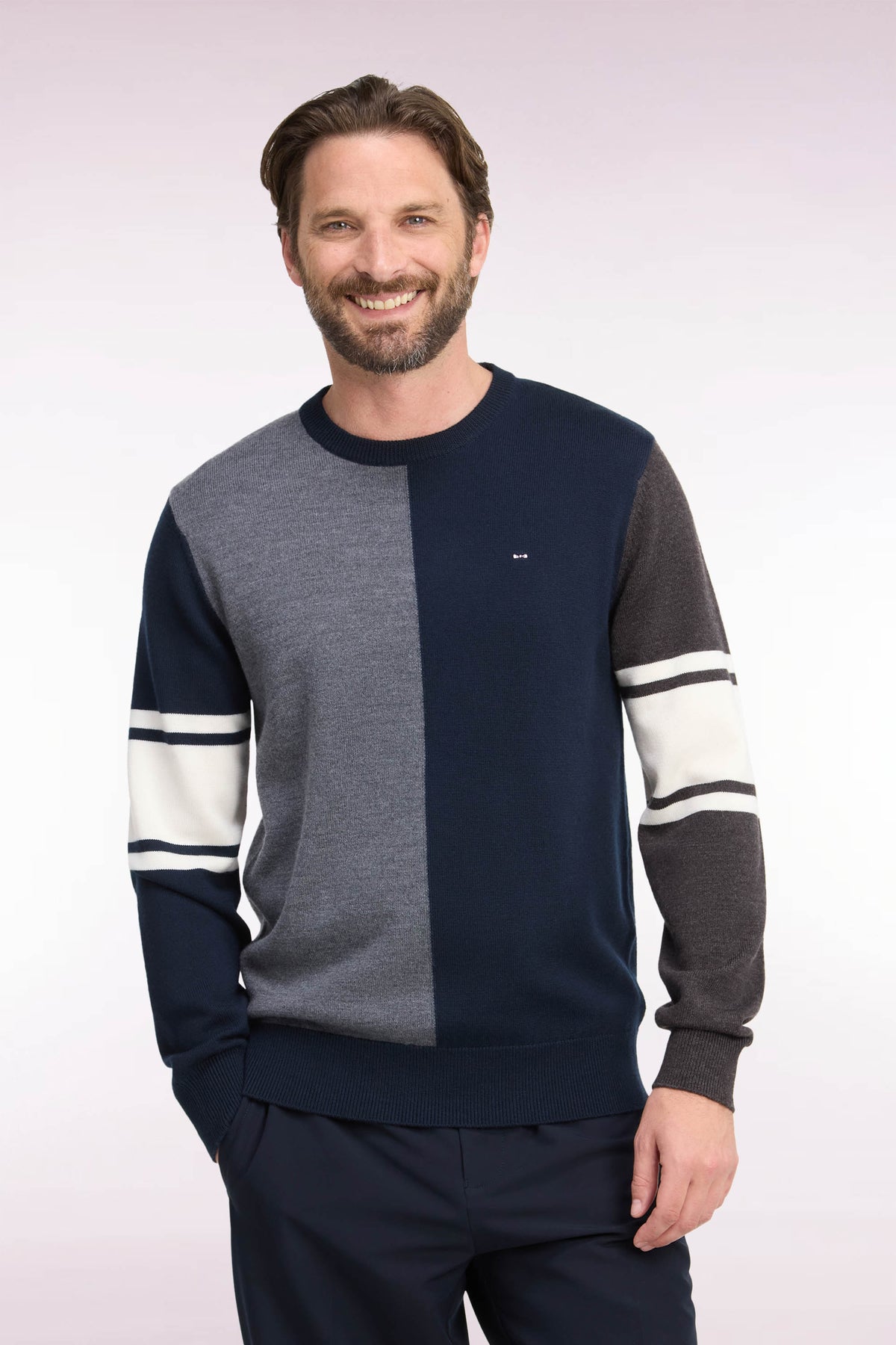 Pull à col rond à découpe verticale en jersey de laine mérinos tricolore