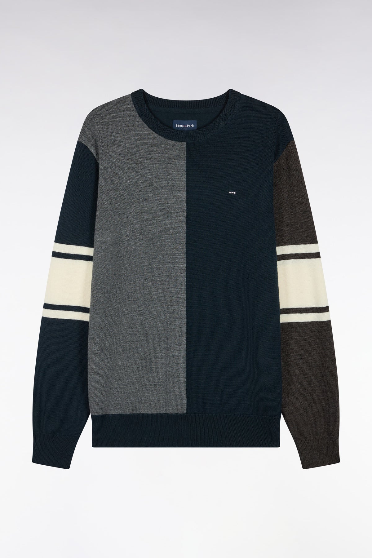 Pull à col rond à découpe verticale en jersey de laine mérinos tricolore