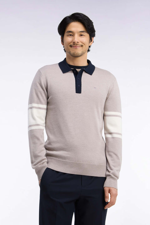 Pull à col polo en jersey de laine mérinos beige - Image 3