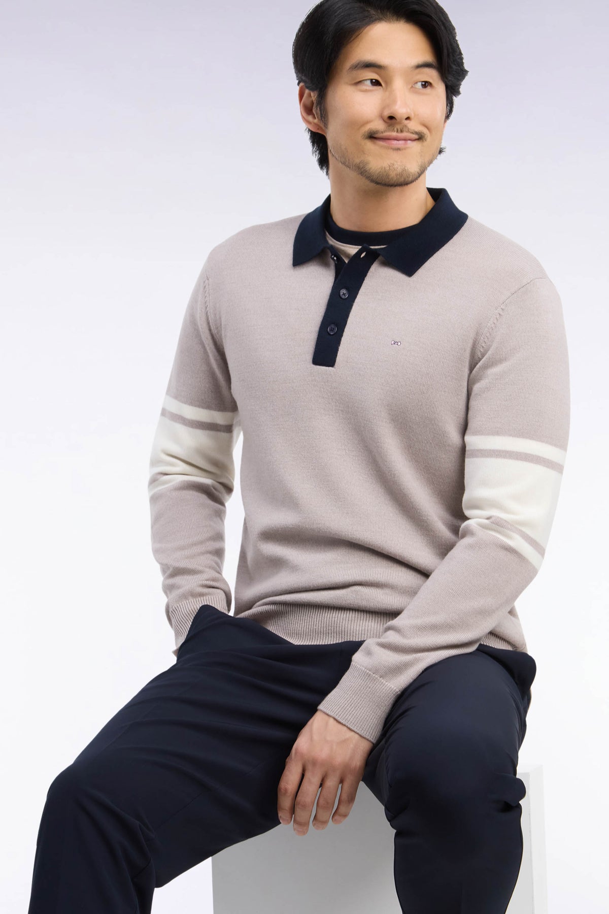 Pull à col polo en jersey de laine mérinos beige