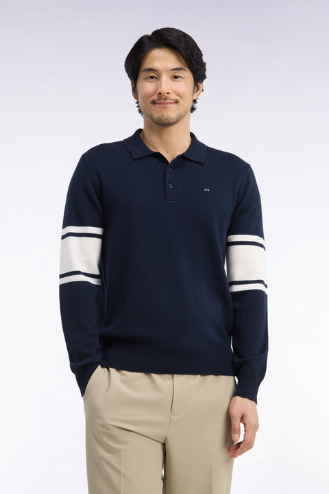Pull à col polo en jersey de laine mérinos marine - Image 3