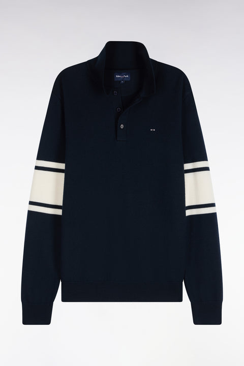 Pull à col polo en jersey de laine mérinos marine - Image 2