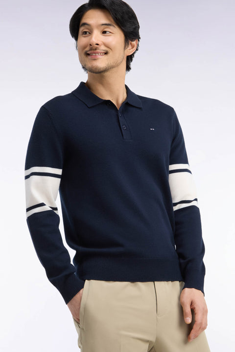 Pull à col polo en jersey de laine mérinos marine - Image 1