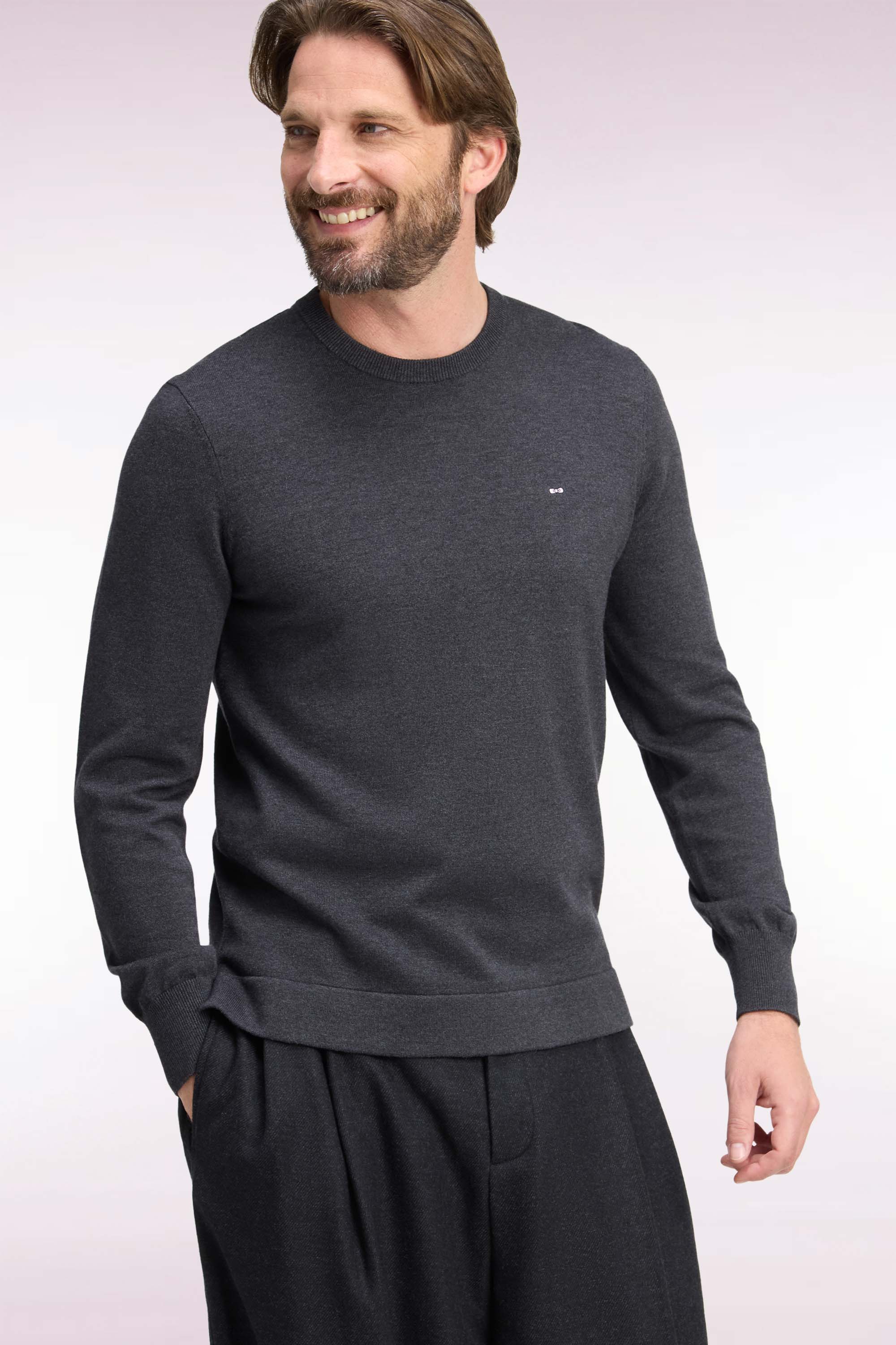 Pullover mit Rundhalsausschnitt aus Baumwolle und viscose Dunkelgrau gerade Passform