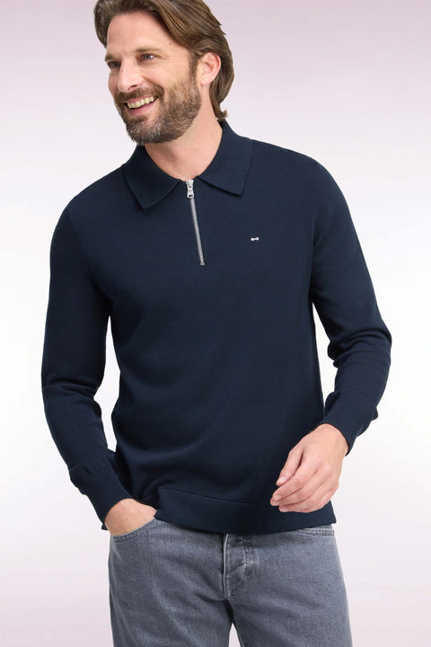 Pull à col polo zippé en coton et viscose marine coupe droite - Image 1