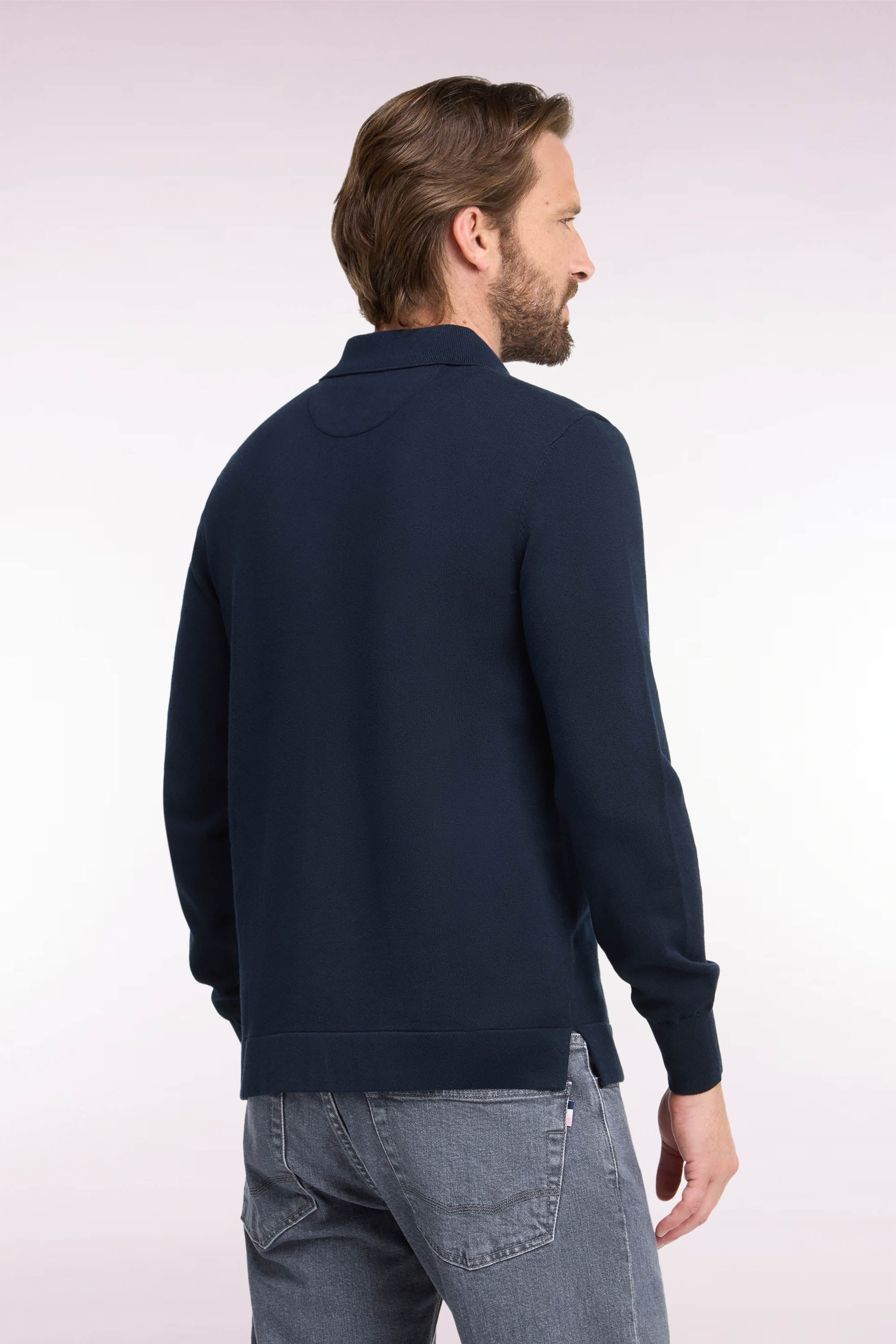 Pull à col polo zippé en coton et viscose marine coupe droite