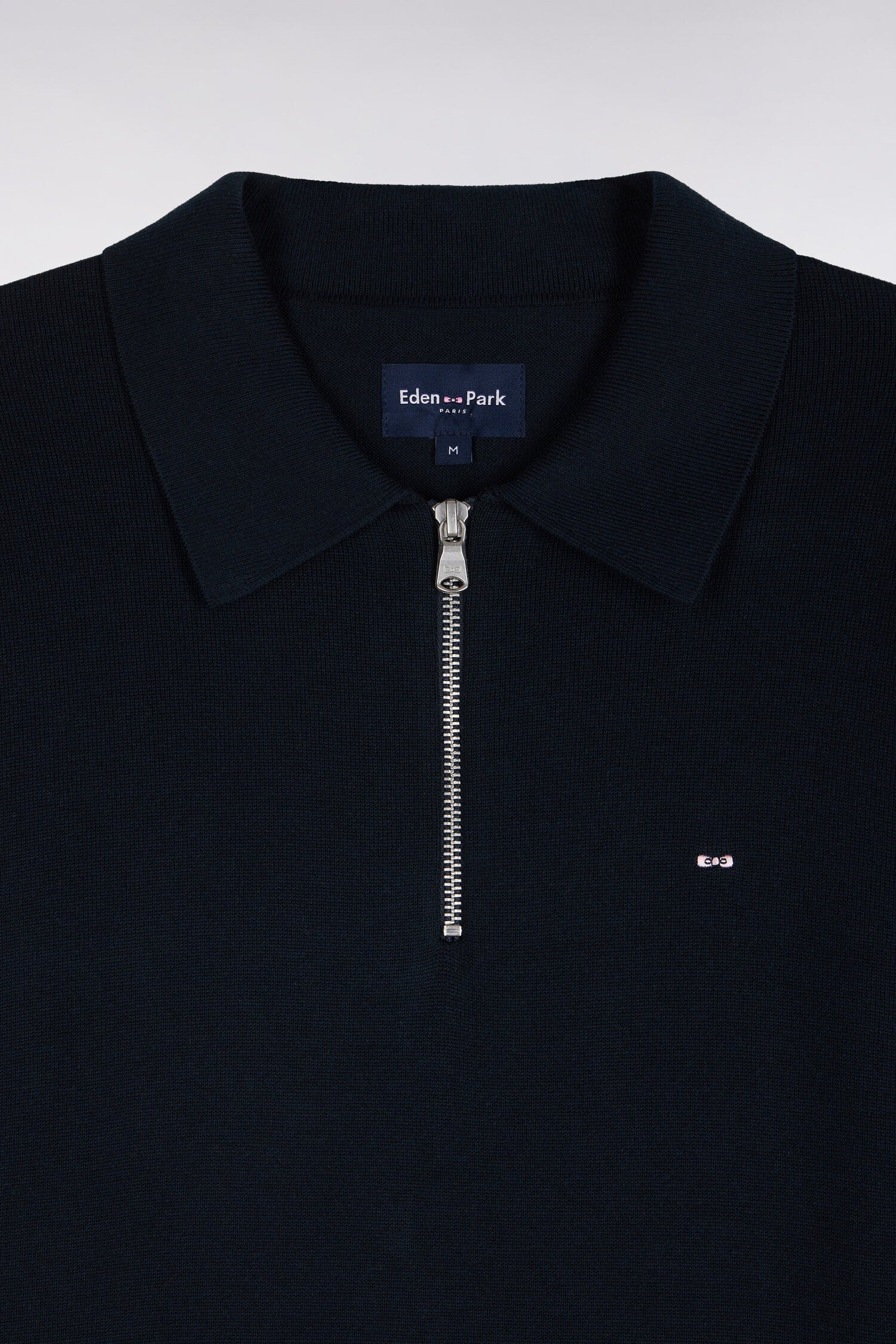 Pull à col polo zippé en coton et viscose marine coupe droite
